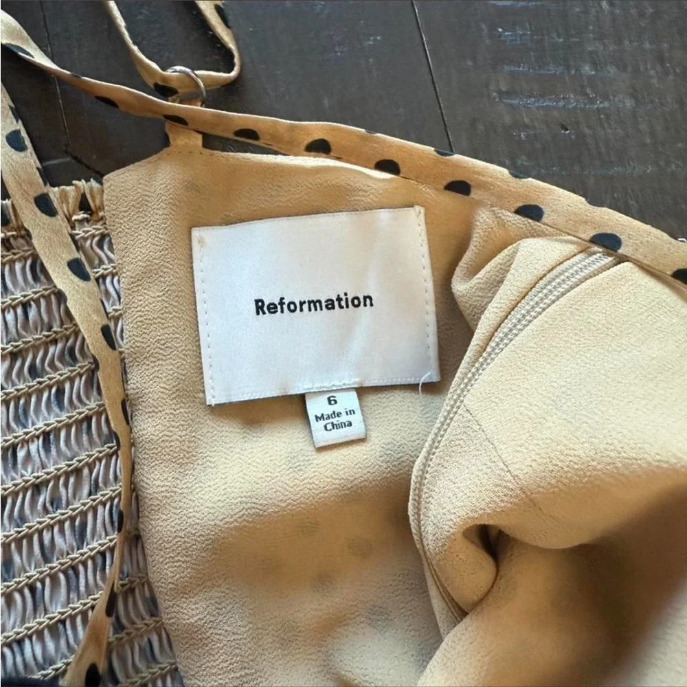 Reformation Ursula Dress - Polka Dot Tan Sundress with Black Mesh Trim - Picture 3 of 3